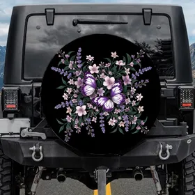 Purple Butterfly Lilac Pink Botanical Flowers Black Background - Nature Lover Gift Spare Tire Cover