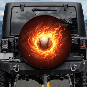 Realistic Baseball in Fiery Flames Dynamic Swirling Vortex - Sports Fan Home Decor Gift Spare Tire Cover