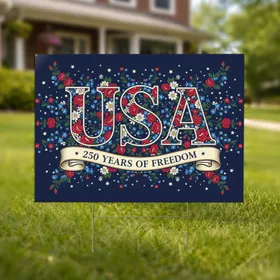 USA Patriotic Floral 250 Years of Freedom Banner - America's 250th Anniversary 1776-2026 Yard Sign