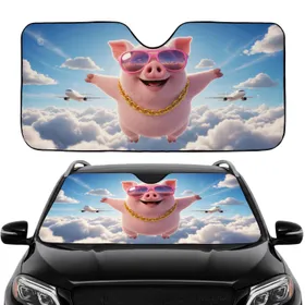 Cartoon Pig Flying Pink Sunglasses Golden Chain - Road Trip Gift for Pig Lovers Car Sunshade