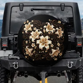 Prominent Large Lily Blossoms Accent Flowers Leaves Swirling Foliage - Home Decor Gift Spare Tire Cover