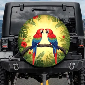 Red Blue Macaws Tropical Jungle Hibiscus - Wildlife Lover Home Decor Gift for Birdwatchers Spare Tire Cover