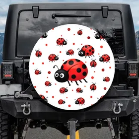 Cluster of Red Black Cartoon Ladybugs and Polka Dots - Ladybug Lover Gift Spare Tire Cover
