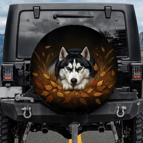 Majestic Siberian Husky Black White Fur Blue Eyes Golden Orange Autumn Leaves - Nature Lover Gift Spare Tire Cover