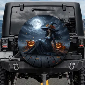 Dark-haired Witch Jack-o'-Lanterns Autumn Moon - Gothic Fantasy Home Decor Gift Spare Tire Cover
