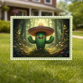 Vibrantly Green Smiling Cactus Colorful Sombrero Lush Forest Floor Scene Outdoor Decor Gift Yard Sign