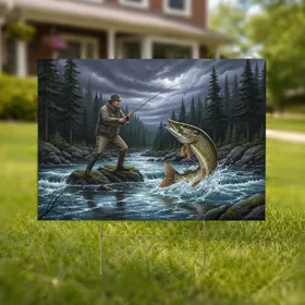 Determined Angler Catching Giant Pike - High-Stakes River Fishing Gift Yard Sign