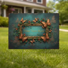 Custom Text Ornate Antique Plaque Metallic Butterflies Ivy Blossoms Weathered Patina - Home Decor Gift Yard Sign