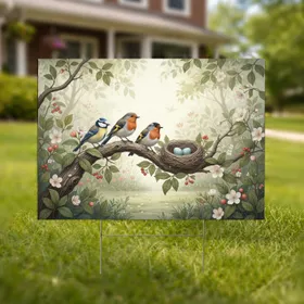 Elegant Songbirds Tree Branch Bird Nest Garden Decor Gift for Bird Lovers Yard Sign