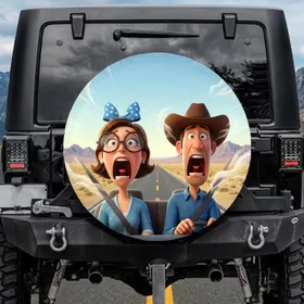 Terrified Cartoon Characters Desert Road Trip Travel Adventure Gift Spare Tire Cover