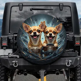 Chihuahua Dogs Driving Gold Chain - Car Enthusiast Gift Spare Tire Cover