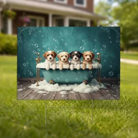 Four Fluffy Mixed-Breed Puppies Vintage Clawfoot Bathtub Bubbles - Nostalgic Pet Lover Gift Yard Sign