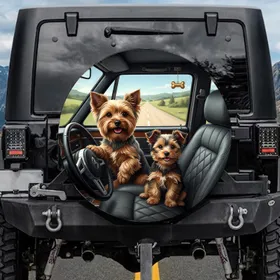 Yorkie Dogs Driving Car & Puppy Passenger - Dog Lover Vehicle Decor Gift Spare Tire Cover