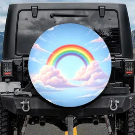 Large Arching Rainbow Luminous Fluffy Clouds Clear Sky - Travel Essentials Gift Spare Tire Cover