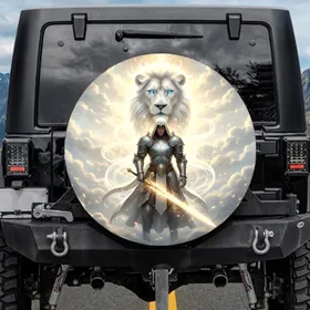 White Lion Hooded Figure Silver Armor Golden Broadsword - Fantasy Lover Gift Spare Tire Cover