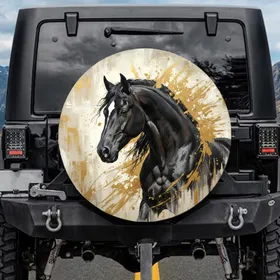 Black Horse White Blaze Beige Cream Gold Leaf - Horse Lover Vehicle Decor Gift Spare Tire Cover