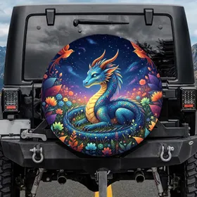 Iridescent Blue Dragon Fantastical Garden Celestial Sky - Fantasy Lover Gift Spare Tire Cover