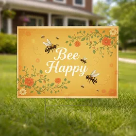 Honeybee Bee Happy Text Floral Honeycomb - Home Garden Decor Gift Yard Sign