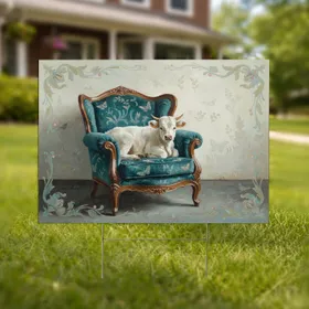 Fluffy White Calf Vintage Armchair - Home Decor Gift for Cow Lover Yard Sign