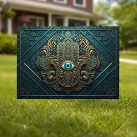 Hamsa Hand Evil Eye Golden Filigree Peacock Feather Arabesque - Home Decor Gift Yard Sign