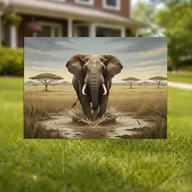 African Elephant Muddy Water Splashes Savanna Acacia Trees Overcast Sky - Wildlife Lover Gift Yard Sign