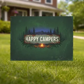 Happy Campers Rustic Sign Forest Campfire Mountains - Outdoor Adventure Decor Yard Sign