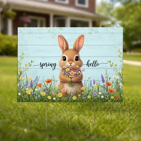 Fluffy Brown Bunny Wildflower Bouquet Hello Spring - Spring Welcome Decor Yard Sign