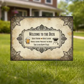 Welcome To The Deck Happy Place Beer Mug Grill Sunflower Scrollwork - Outdoor Entertaining Gift Yard Sign