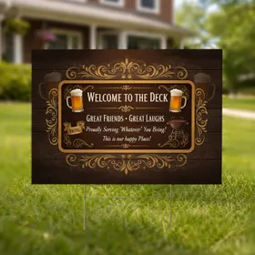 Rustic Wood Welcome Deck Beer Mug BBQ Grill Plaque Scrollwork - Outdoor Living Decor Yard Sign