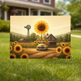 Rustic Farmhouse Vintage Truck Sunflowers Windmill Barn Scene - Farmhouse Decor Gift Yard Sign
