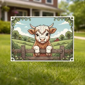 Baby Highland Cow Wooden Fence Farm Landscape - Farmhouse Decor Gift for Cow Lover Yard Sign
