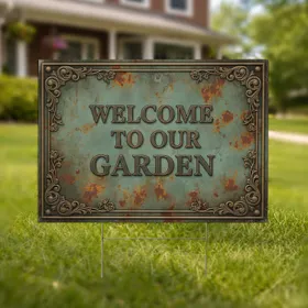 Welcome To Our Garden Aged Metal Floral Scrollwork - Garden Decor Yard Sign