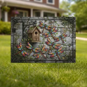 Stained Glass Dragonflies Birdhouse Stone Wall - Wildlife Home Garden Decor Gift Yard Sign