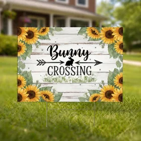 Bunny Crossing Sunflower Rustic Wood - Outdoor Garden Decor Yard Sign