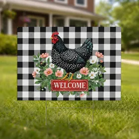 Polka Dot Black Hen Welcome Sign - Farmhouse Home Decor Gift for Chicken Lover Yard Sign