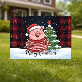 Cartoon Pig Santa Hat Christmas Tree Buffalo Plaid Christmas Holiday Gift for Pig Lover Yard Sign