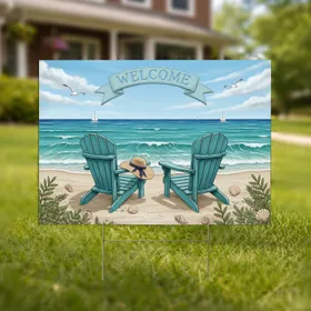 Welcome Adirondack Chairs Ocean Beach Scene - Home Decor Gift Yard Sign