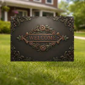 WELCOME Antique Plaque Aged Metal Floral Wreath - Home Welcome Decor Yard Sign