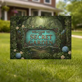 Secret Garden Welcome Sign Bronze Scrollwork Roses Hydrangeas - Outdoor Home Decor Yard Sign