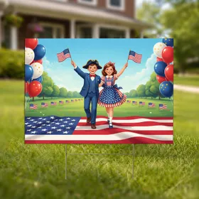 Cheerful Vintage Kids Waving American Flags - Independence Day 250th Celebration Yard Sign