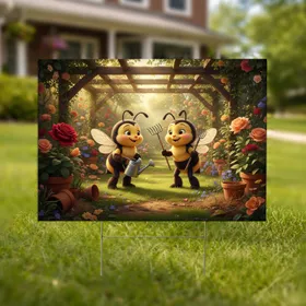 Cartoon Bees Garden Scene Watering Can Rake - Home Decor Gift for Gardeners Yard Sign