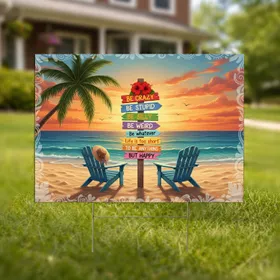 Happy Life Message Signpost Tropical Sunset Beach Chairs - Outdoor Home Decor Gift Yard Sign