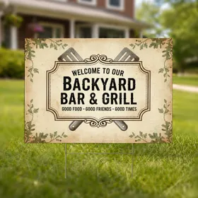 Welcome Backyard Bar Grill Plaque - Home Outdoor Entertaining Decor Yard Sign