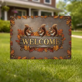 Squirrels Acorn Welcome Sign Autumn Foliage Rustic Home Decor Gift Yard Sign