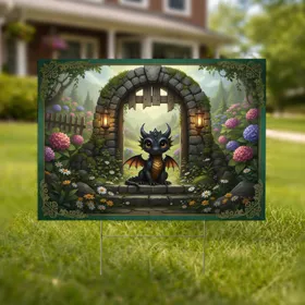 Small Black Baby Dragon Stone Archway Secret Garden - Fantasy Home Decor Gift for Dragon Lover Yard Sign