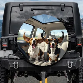 Basset Hounds Wind Swept Ears Car Adventure - Dog Lover Travel Gift Spare Tire Cover
