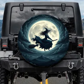 Majestic Witch Flying Broom Full Moon - Dark Fantasy Auto Accessory Spare Tire Cover