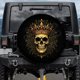 Golden Human Skull Crown Jewels Filigree Fleur-de-lis - Bold Statement Gift Spare Tire Cover