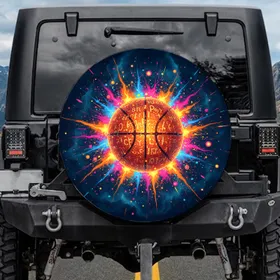 Glowing Basketball Electric Magenta Orange Splatter - Sports Fan Gift for Athletes Spare Tire Cover