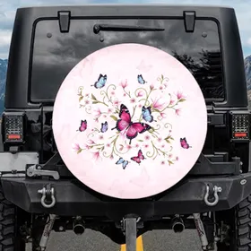 Fuchsia Light Blue Purple Butterflies Floral Blooms Botanical Foliage Vines - Nature Lover Gift Spare Tire Cover